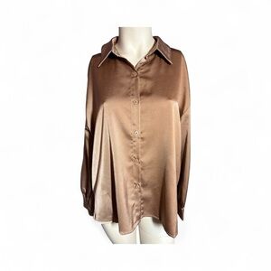 NWT Petal Dew Satin Button-Down, Long Sleeve Blouse in‎ Bronze, Size S (350)